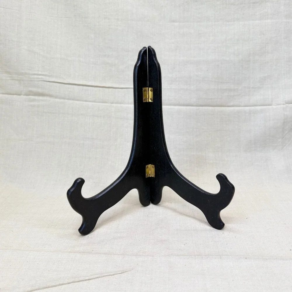 Vintage Folding Wood Display Easels Set of 2 Black Plate Stands Frame Holders